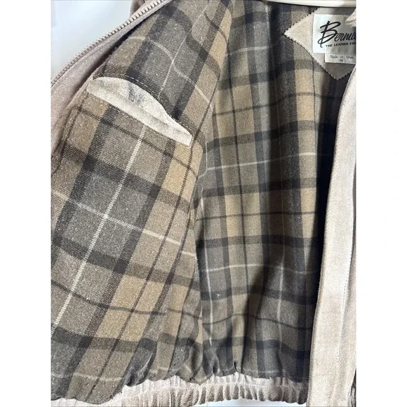 Vintage Bermans Suede Leather Jacket Mens 46 Plaid Lined Zip Hood Brown